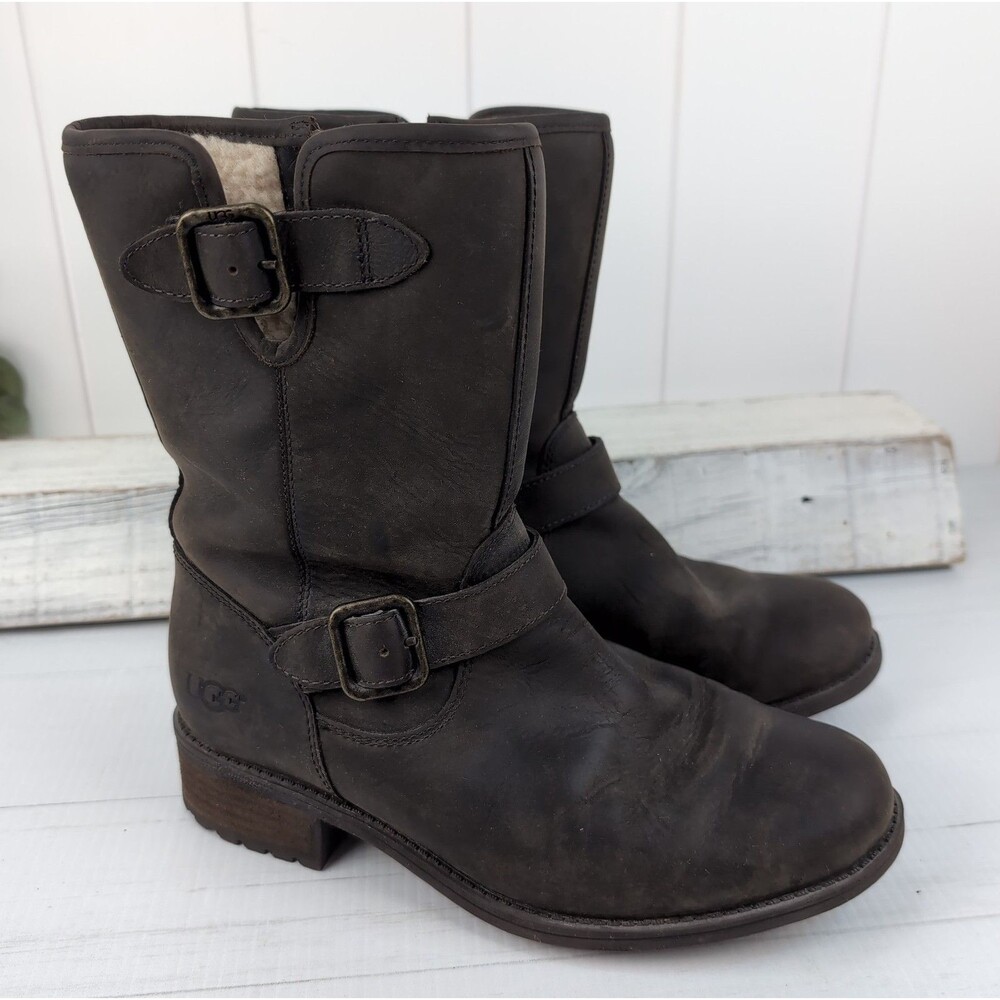UGG Chaney Water Resistant Suede Moto Boot Dark Brown Women’s size 8